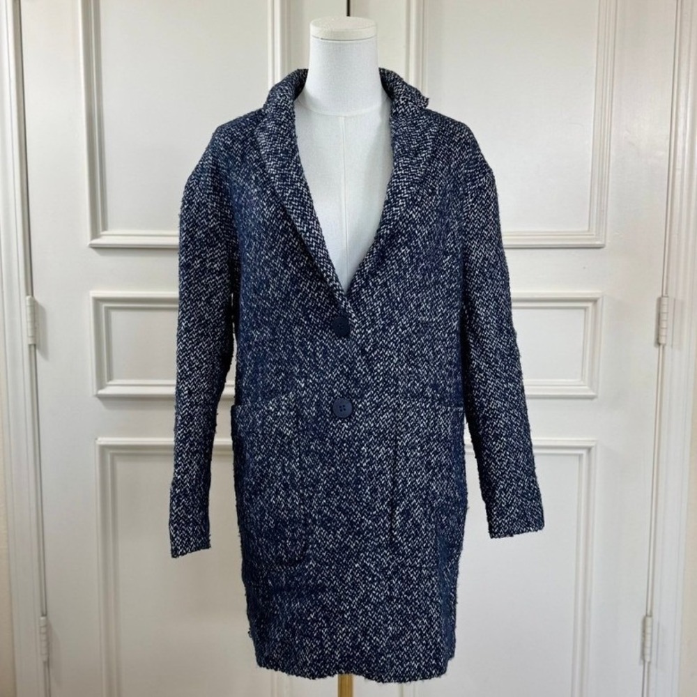 Zara Basic Wool Blend Tweed Trench Coat Women's S Navy Blue Textured Longline
